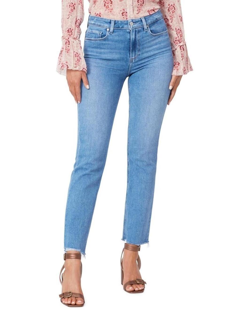 220$ Paige Cindy Stringy Raw Hem Straight Leg Ankle Jeans High Rise Size 24 Blue